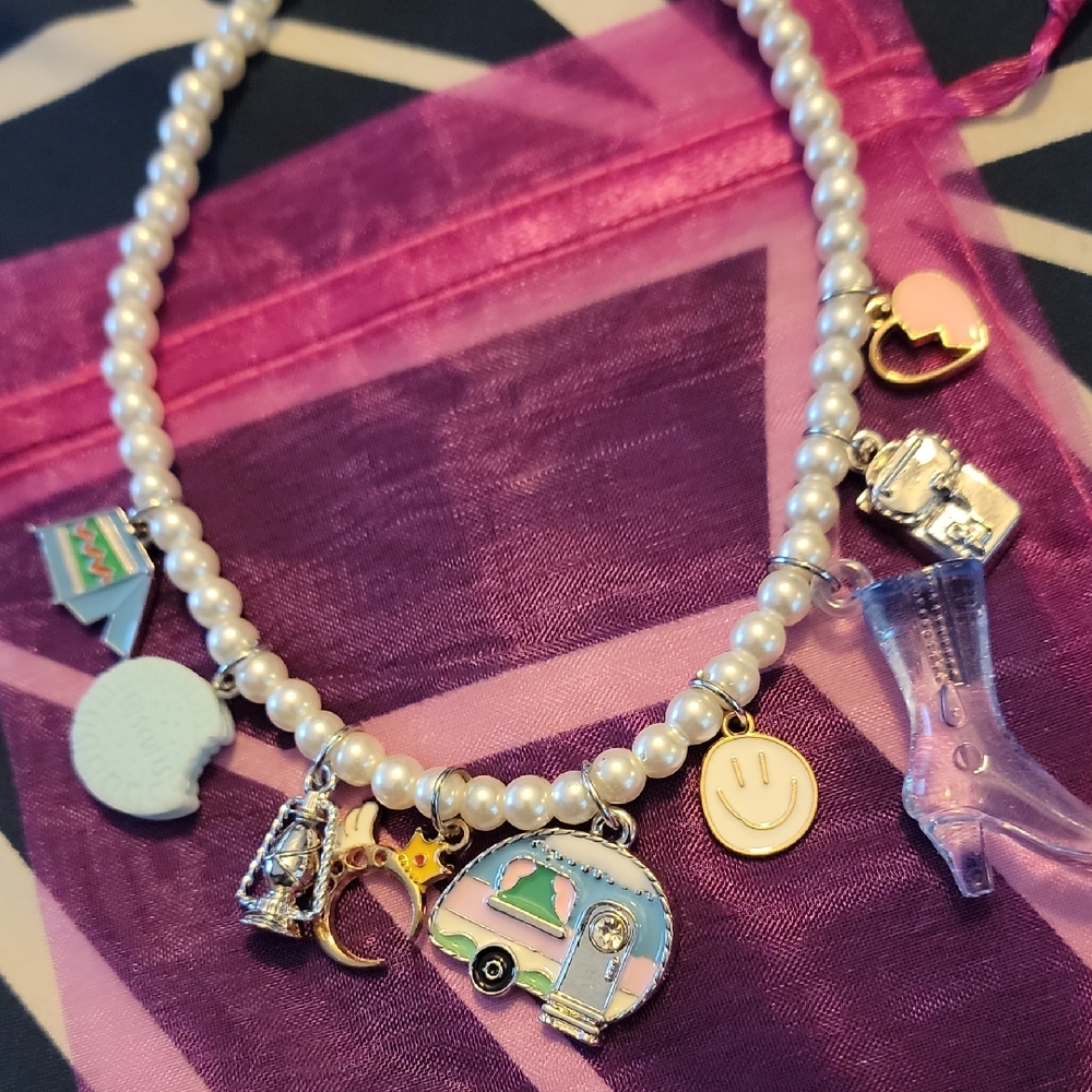"GONE GLAMPING"Pearl Charm Necklace with Colorful Pendants